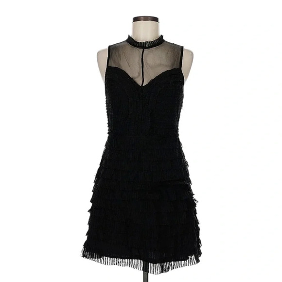 Free People Black Mesh Pleated Ruffle Tiered Mini Cocktail Party Dress Size 0 - Picture 2 of 12